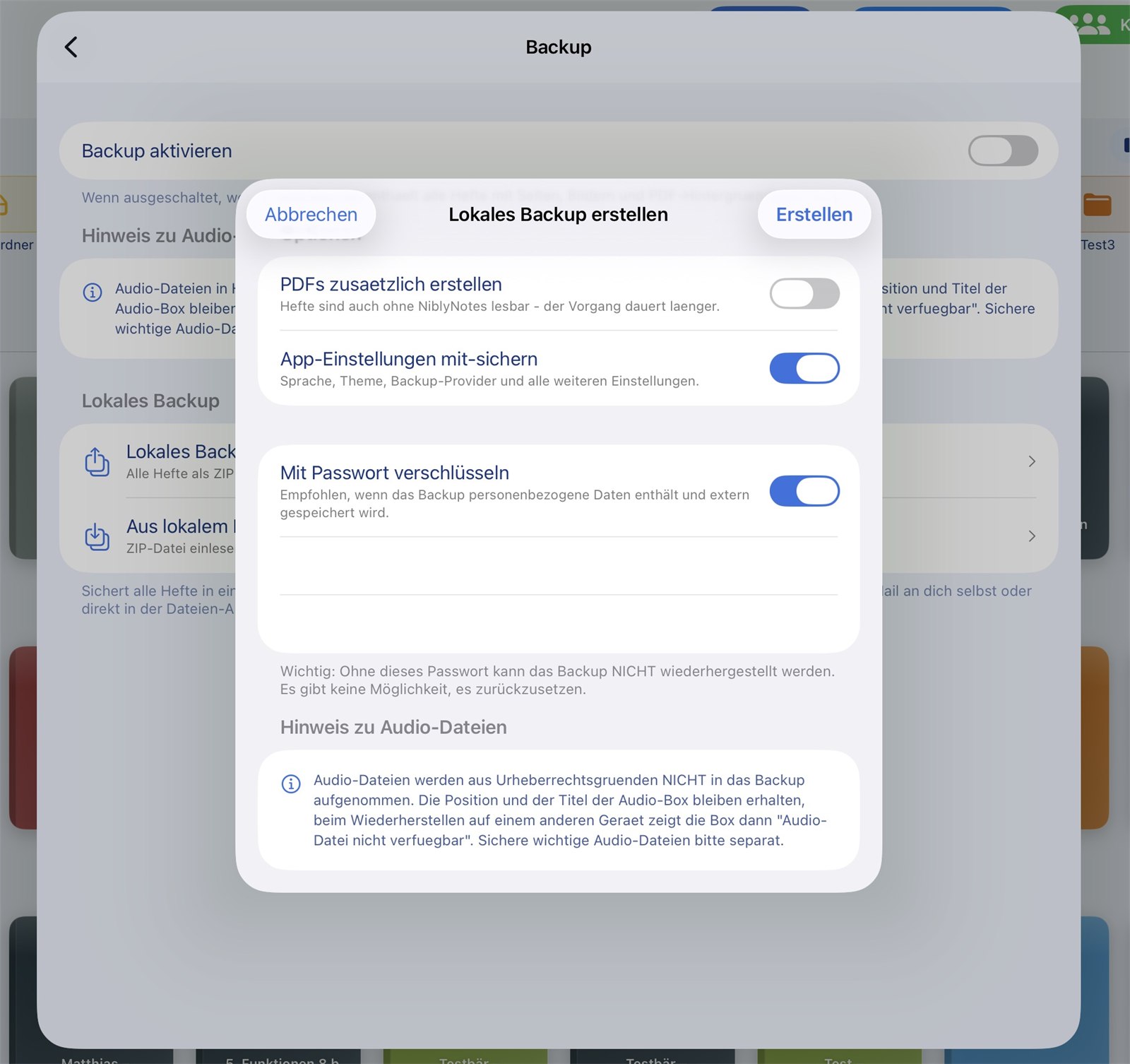 Password entry when exporting a backup